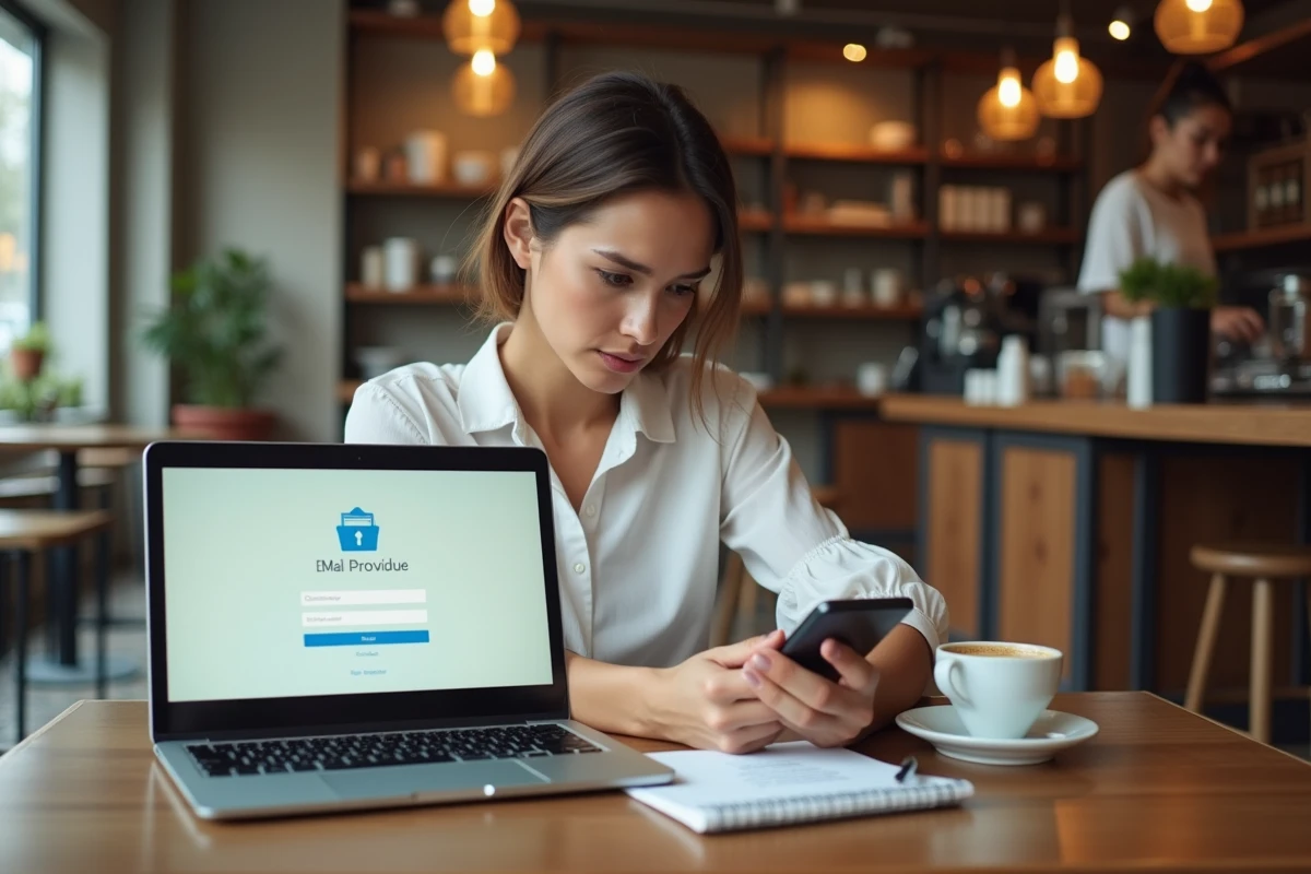 Jeune femme résolvant un problème d'accès à sa boîte mail Wanadoo dans un café avec ordinateur portable et smartphone