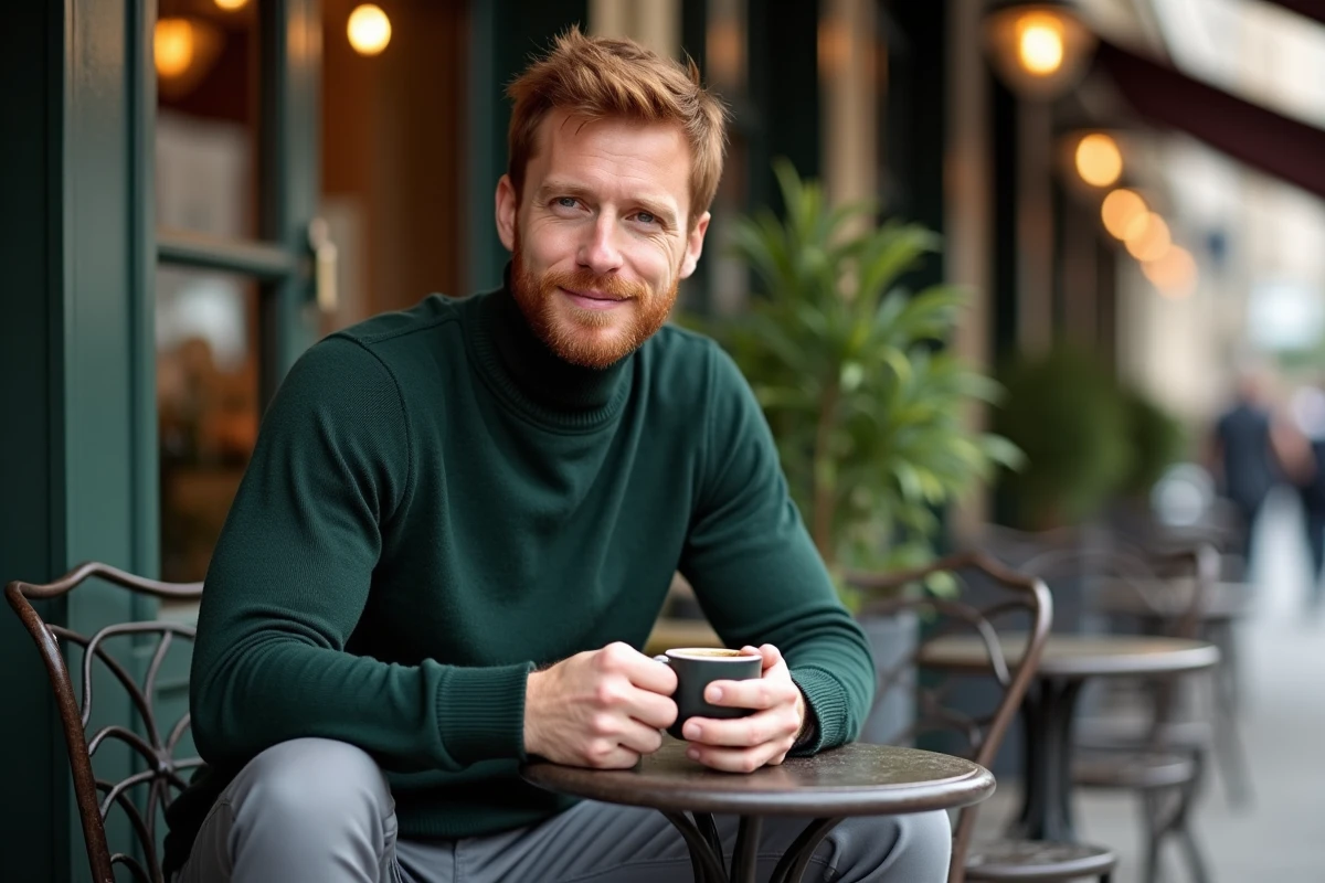 Acteur roux assis à la terrasse d'un café parisien, style éditorial magazine, illustration vie privée célébrité