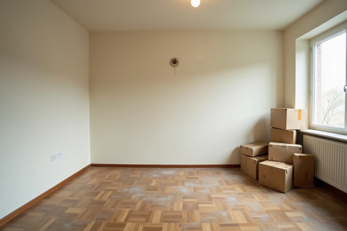 Ampoule oubliée dans un salon vide d'appartement en location lors d'un déménagement