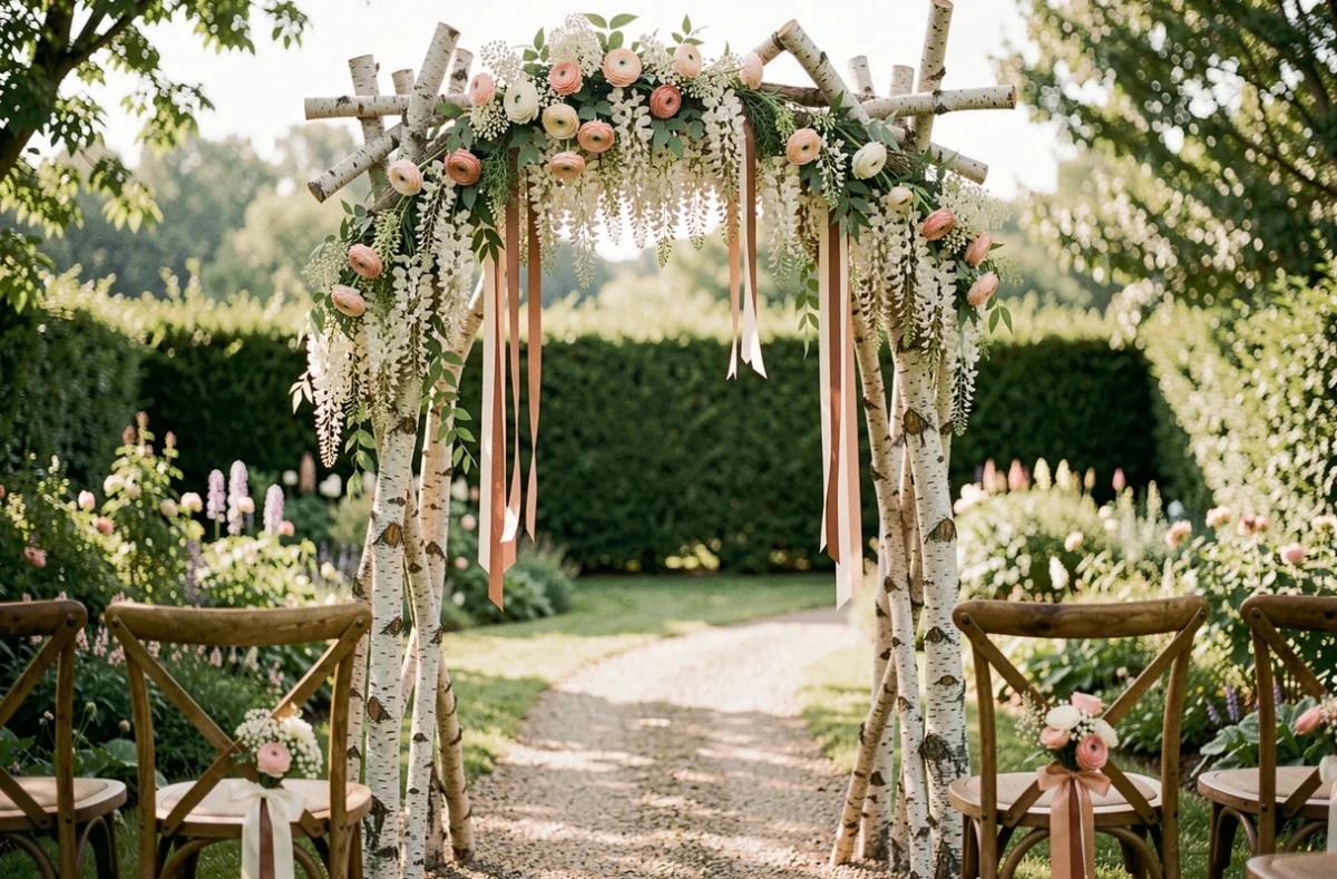 Arche de cérémonie de mariage en branches de bouleau ornée de pivoines roses et de wisteria blanches dans un jardin de campagne