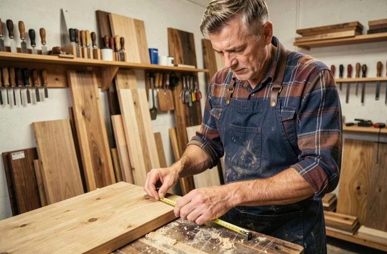 Artisan menuisier mesurant un panneau en chêne sur mesure dans un atelier de menuiserie traditionnel