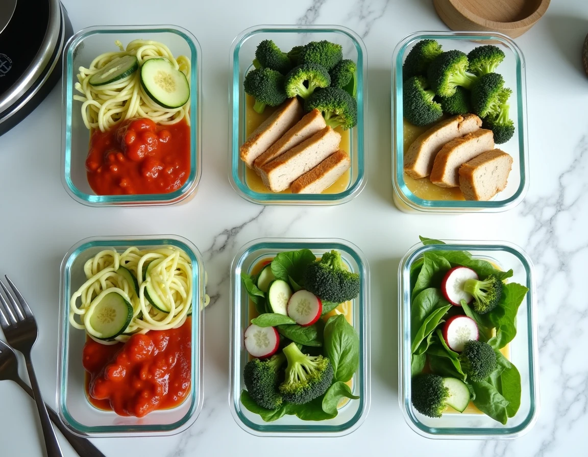 Préparation de repas minceur en batch cooking avec des boîtes hermétiques de plats équilibrés et hypocaloriques