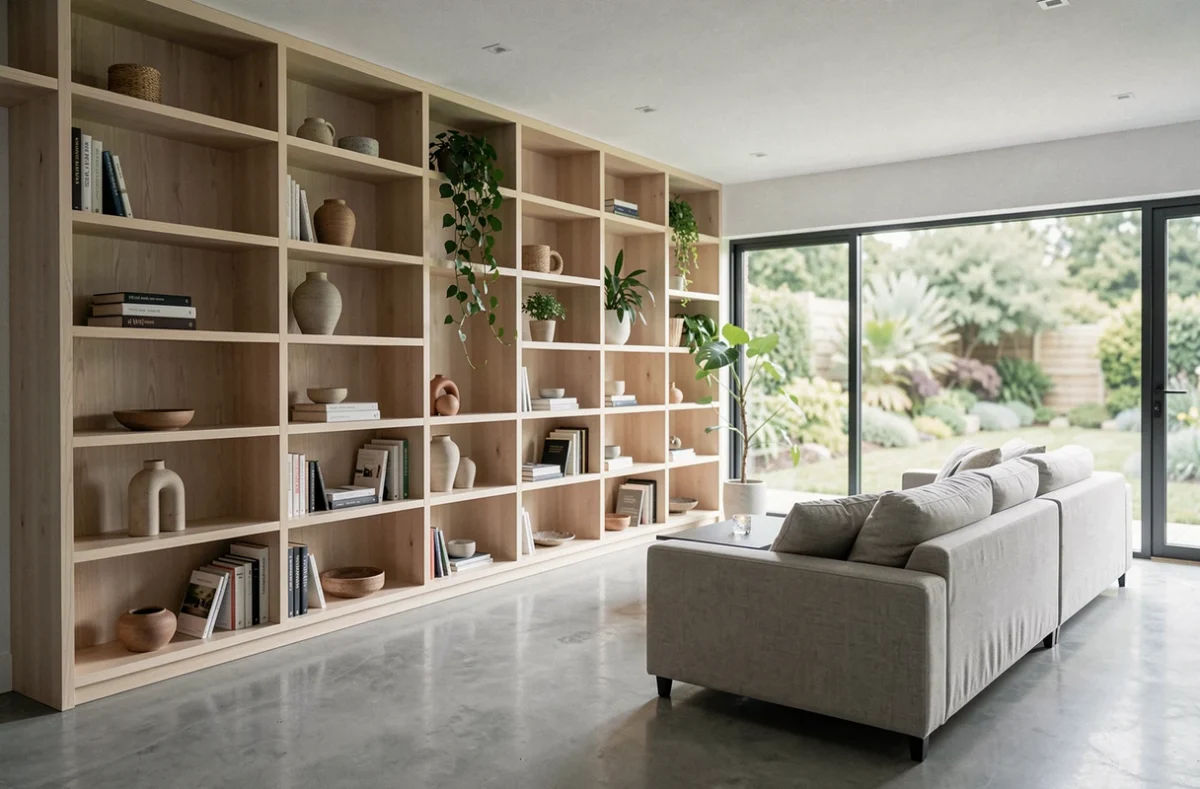 Bibliothèque sur mesure en chêne blanc intégrée dans un salon moderne de style scandinave