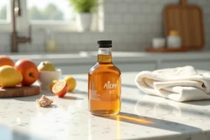 Bouteille d'alcool à 90° alimentaire posée sur un plan de travail en marbre blanc dans une cuisine moderne
