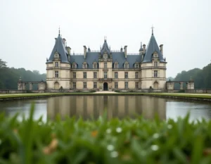Vue panoramique du château de Chambord depuis les jardins, reflet dans les douves et façade Renaissance emblématique