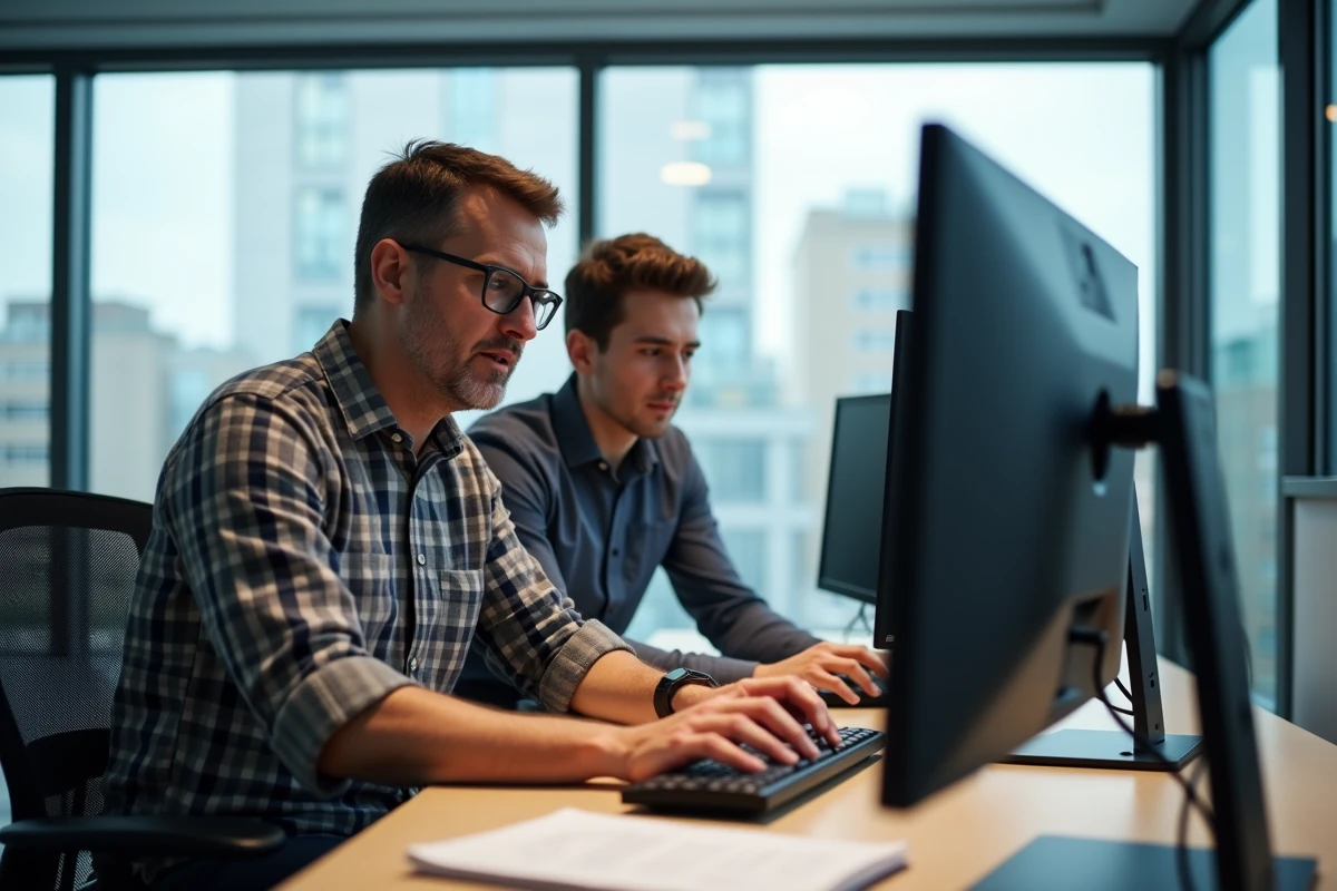 Deux collegues travaillant ensemble sur un ordinateur