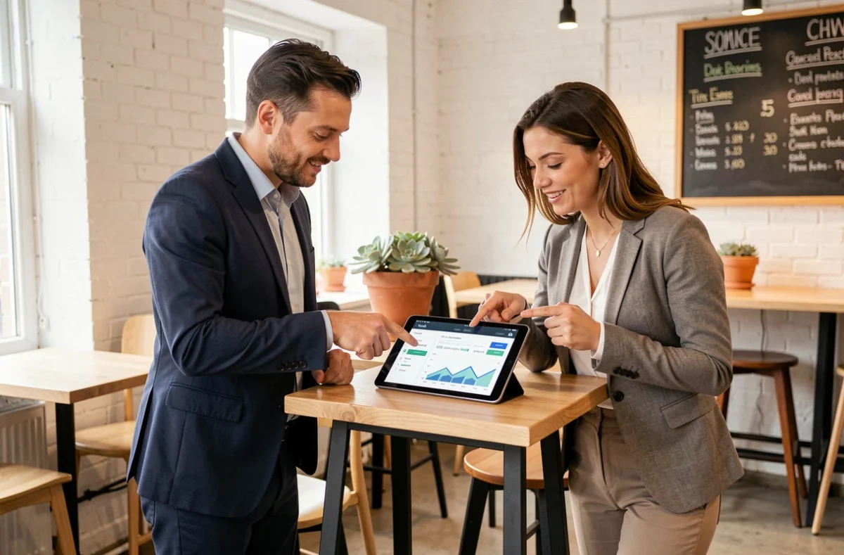 Deux collègues consultant des tableaux de bord financiers sur tablette pour développer leur business en ligne