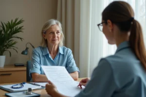 Une femme d'âge moyen en consultation médicale avec une médecin qui examine un dossier de santé dans un cabinet moderne
