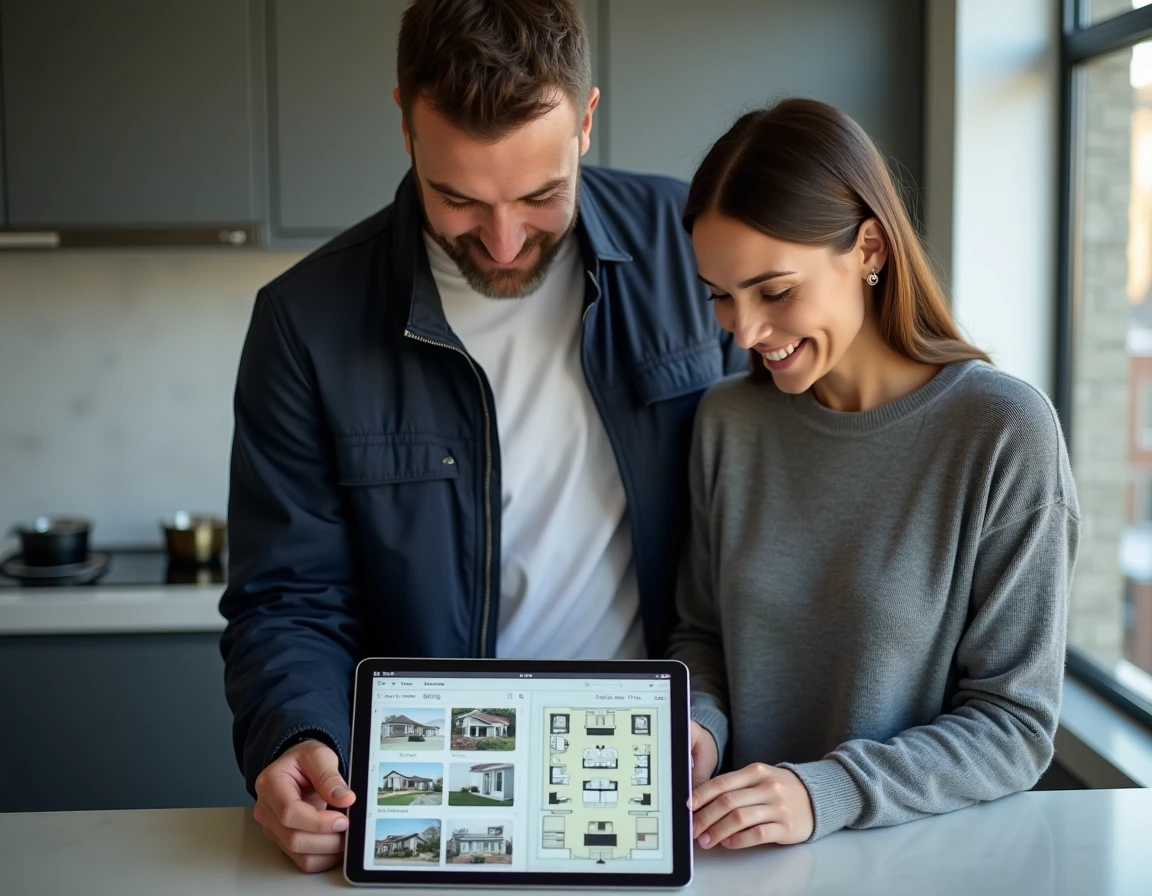 Couple consultant des annonces immobilières sur une tablette dans une cuisine moderne