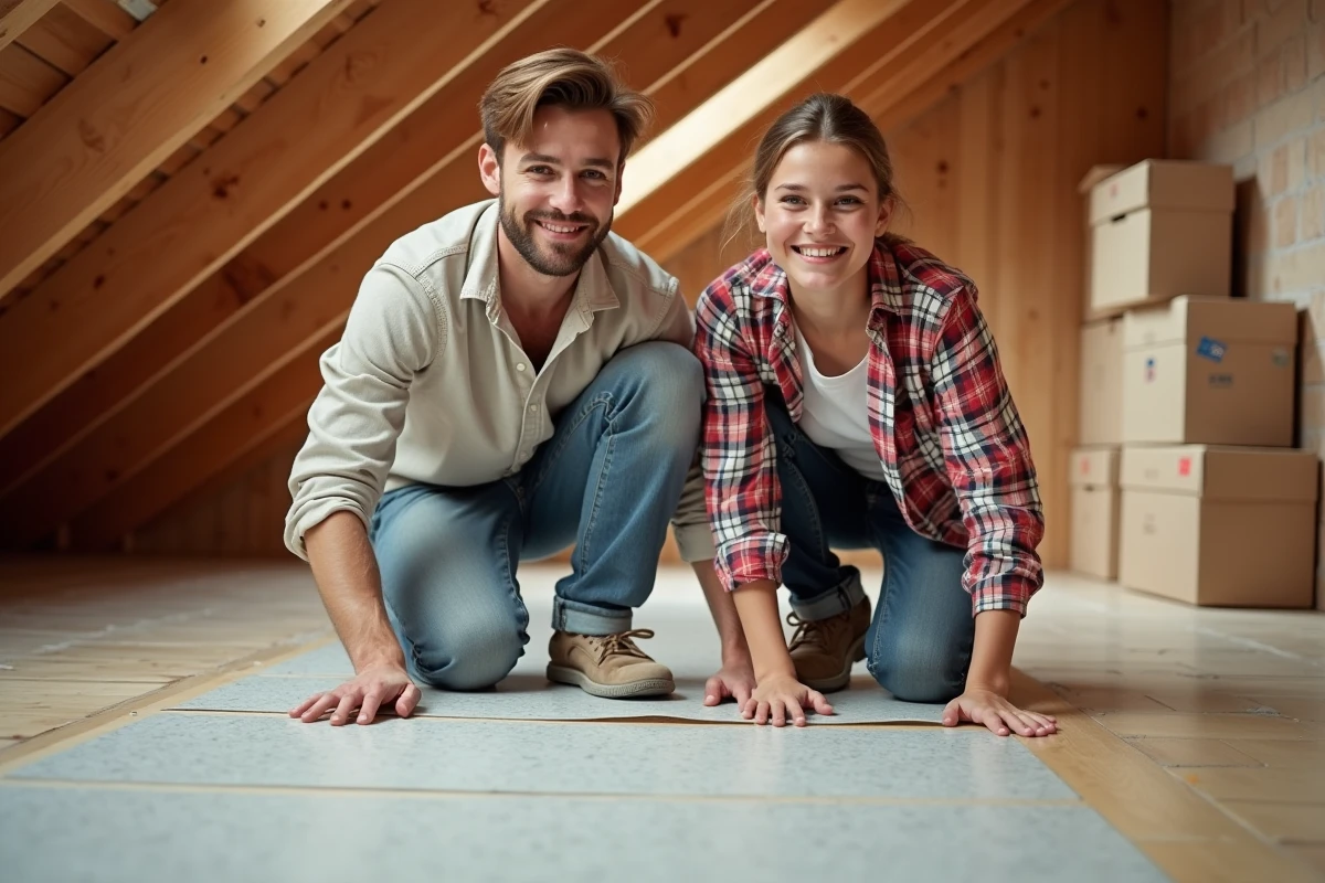 Jeune couple posant des panneaux d
