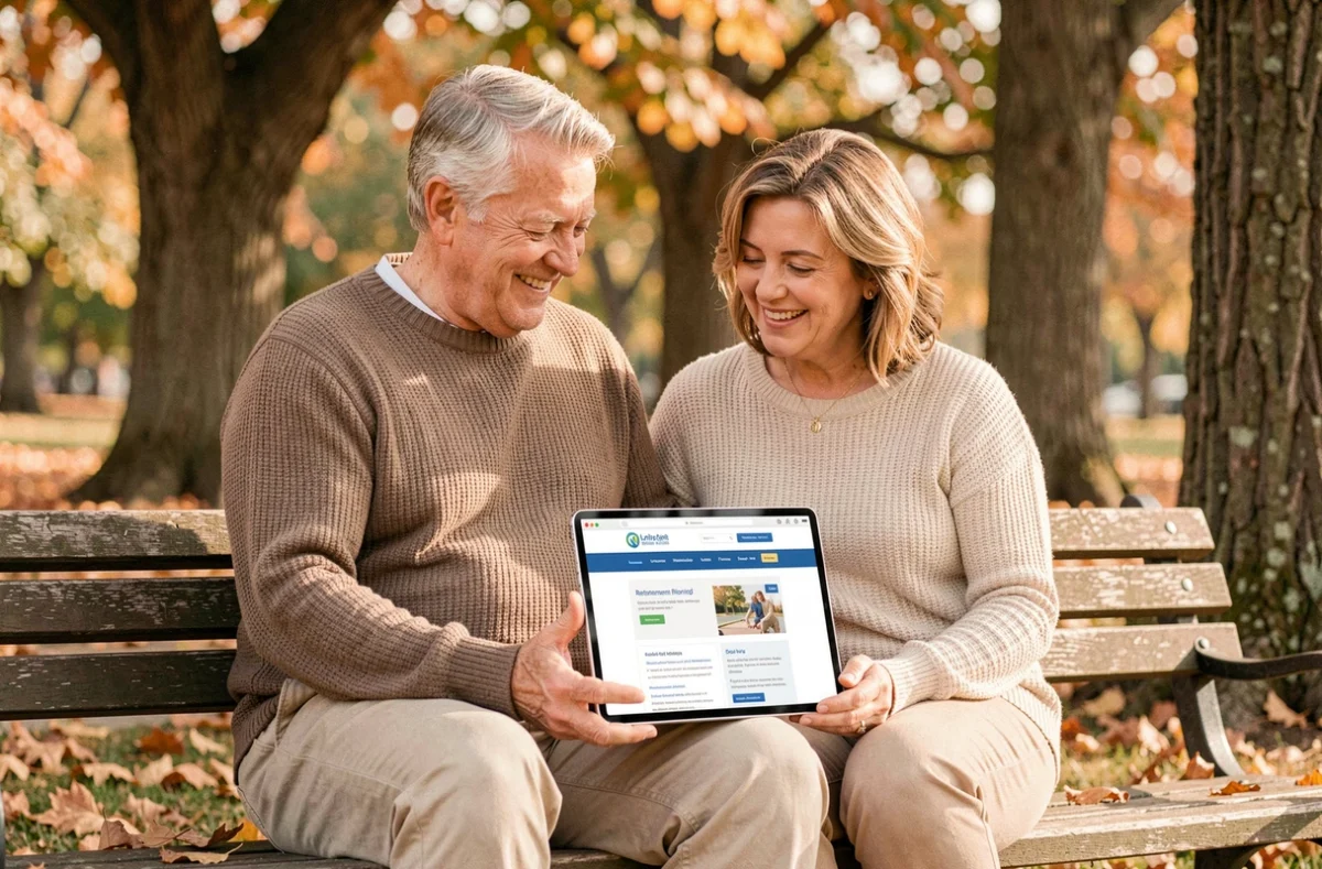 Un couple de retraités consulte un site de ressources pour la retraite sur une tablette dans un parc en automne