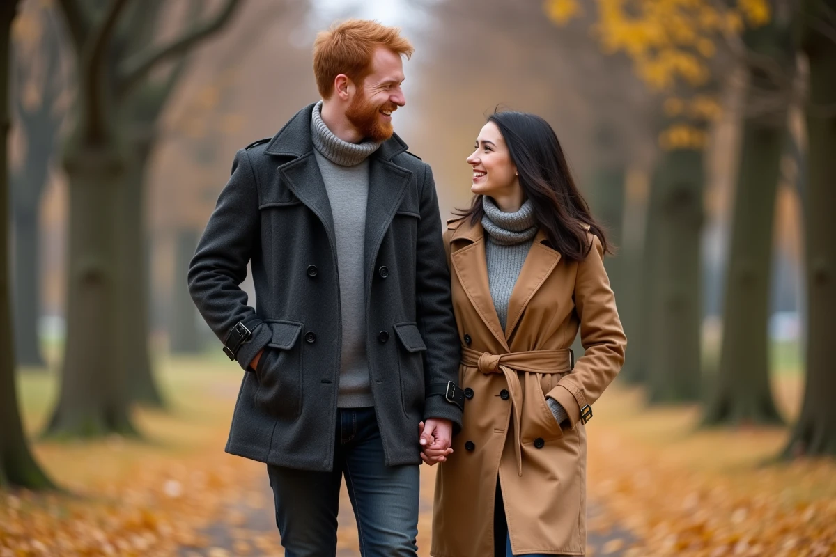 Couple romantique marchant dans un parc en automne, illustrant la vie amoureuse d'une star de série télévisée