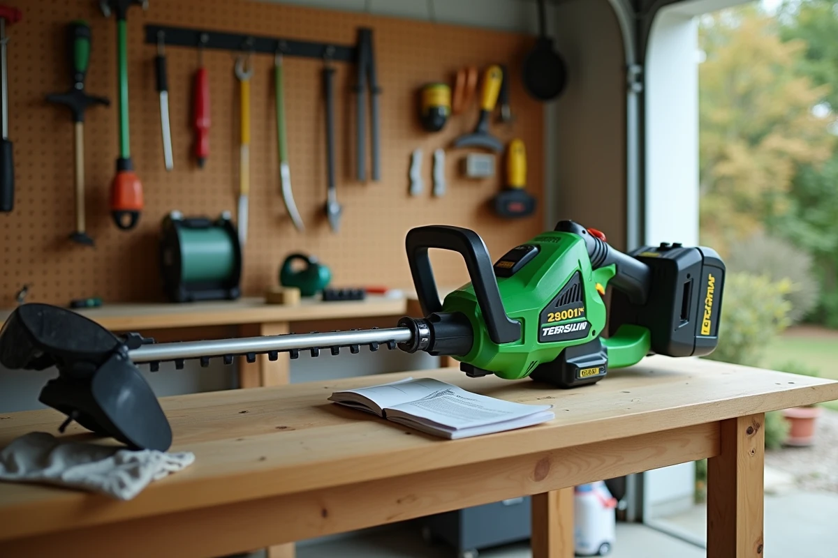 Débroussailleuse Parkside PBS 2 D4 posée sur un établi de garage avec accessoires et guide d'utilisation