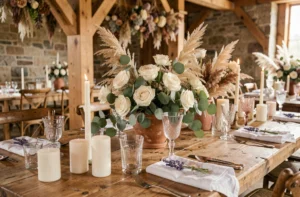 Table de mariage décorée avec des roses ivoire, de l'eucalyptus et des vases en terre cuite dans une grange en pierre rustique