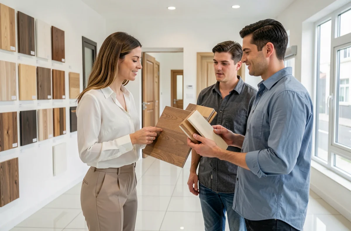 Designer d'intérieur présentant des échantillons de menuiserie sur mesure à des clients dans un showroom contemporain