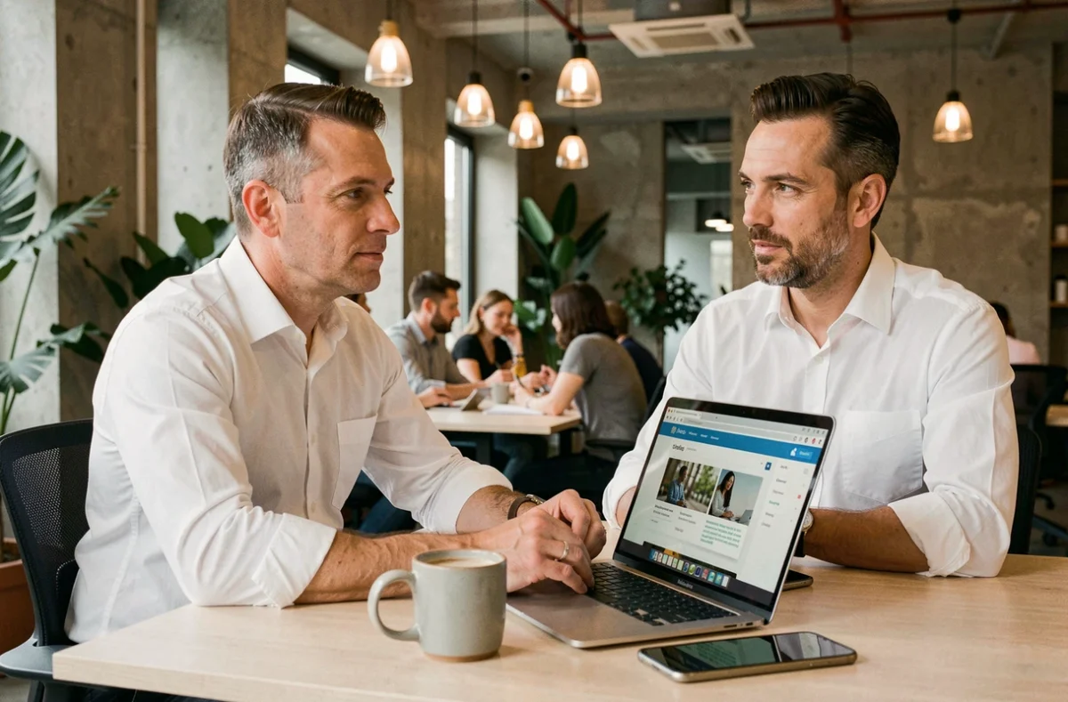 Homme entrepreneur utilisant une plateforme e-learning business dans un espace de co-working moderne