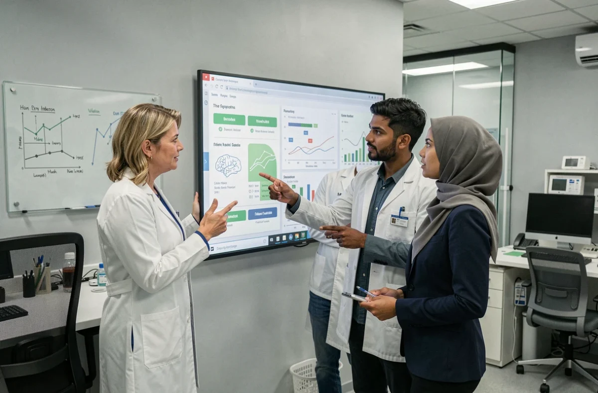 Équipe médicale pluridisciplinaire analysant des données de santé innovantes sur un écran numérique dans un laboratoire hospitalier