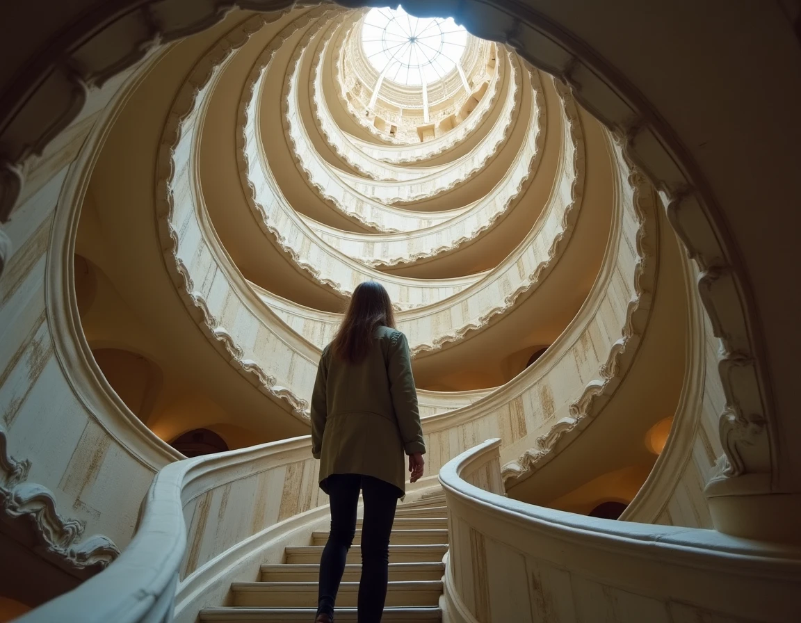 Escalier à double révolution du château de Chambord vu de bas en haut, architecture Renaissance en pierre avec visiteur