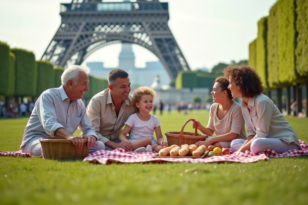 Famille multigénérationnelle en pique-nique près de la Tour Eiffel à Paris, moment convivial sur une couverture à carreaux avec baguettes et fruits frais
