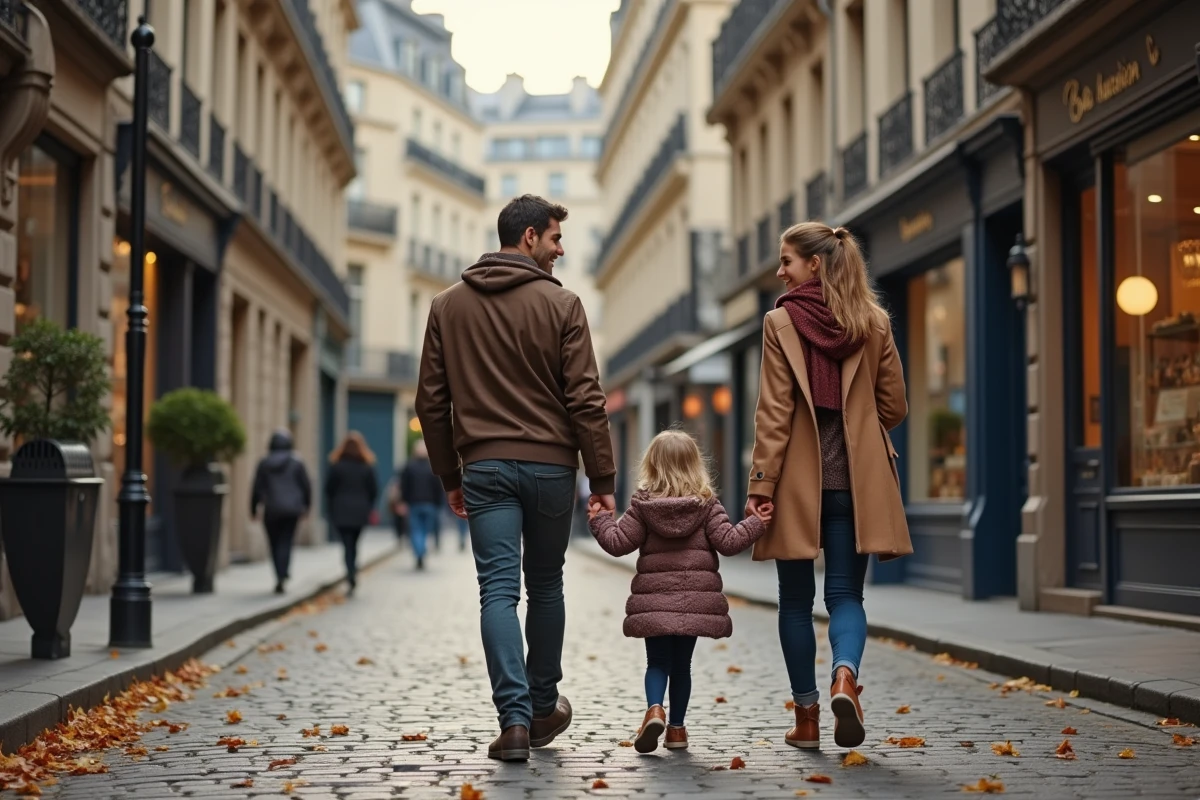 Parisian family walking in a Haussmannian neighborhood in autumn, couple with child on Parisian cobblestones surrounded by golden leaves
