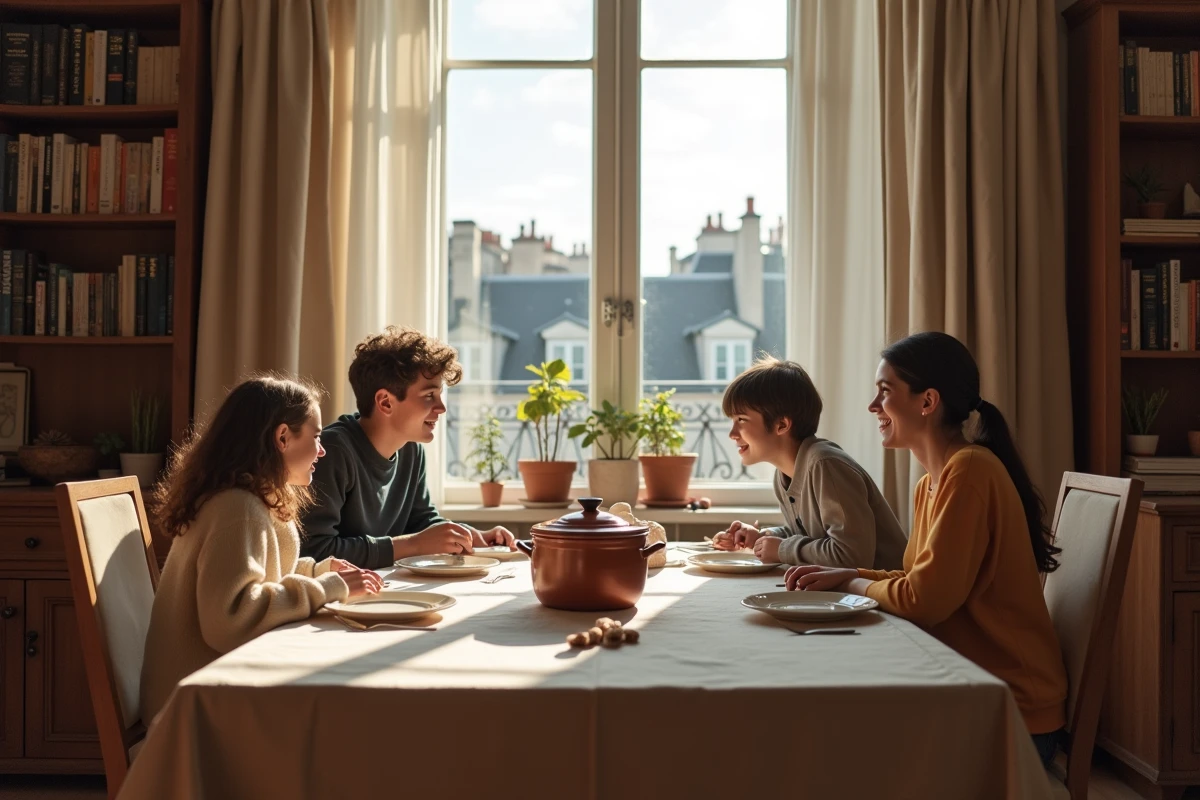 Diverse family gathered around a traditional meal in a bright Parisian apartment with a view of the rooftops of Paris