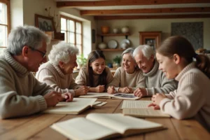 Famille multigénérationnelle réunie autour d'une table en bois pour partager des souvenirs et l'histoire familiale