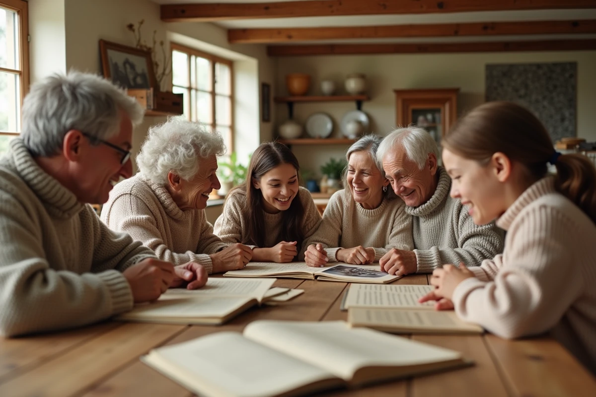 Famille multigénérationnelle réunie autour d'une table en bois pour partager des souvenirs et l'histoire familiale
