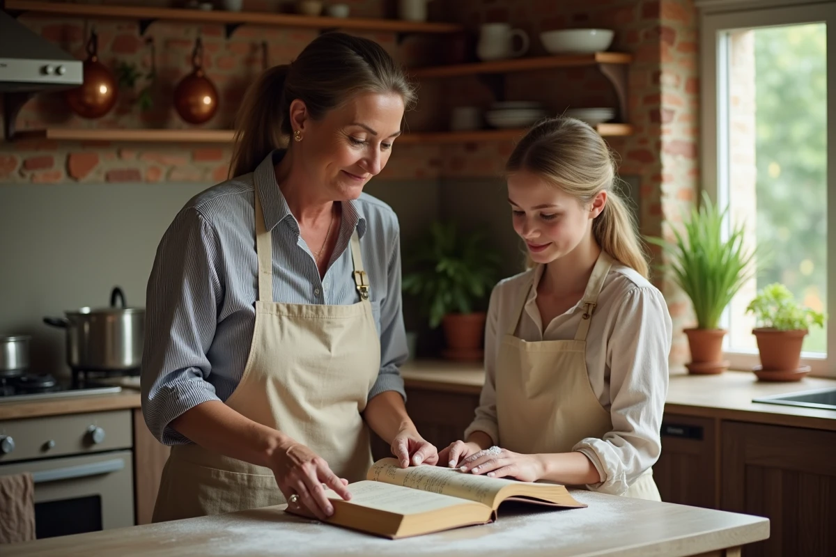 Mère et fille en train de cuisiner ensemble une recette traditionnelle transmise de génération en génération