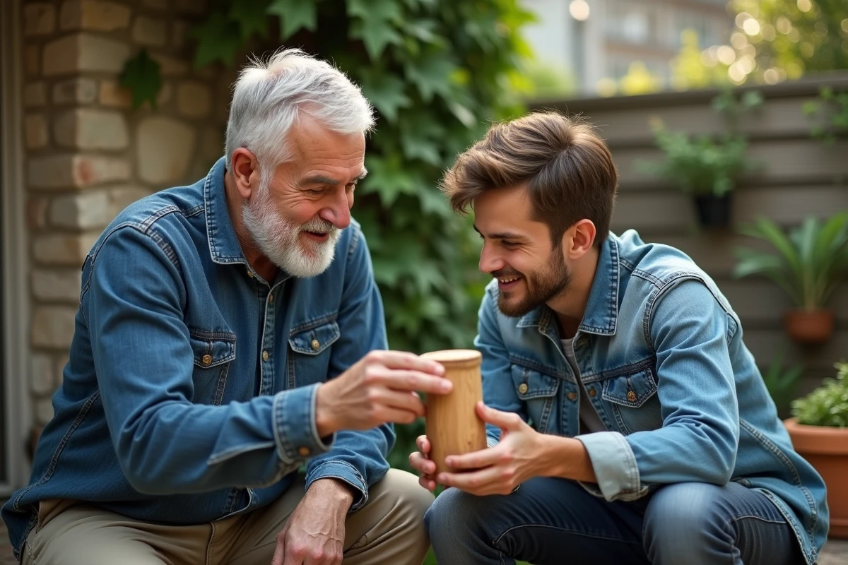 Grand-père et petit-fils partageant un moment de transmission artisanale dans un jardin familial