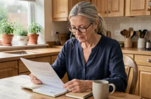 Une femme de 60 ans consulte ses documents de retraite à la table de sa cuisine, un café à la main