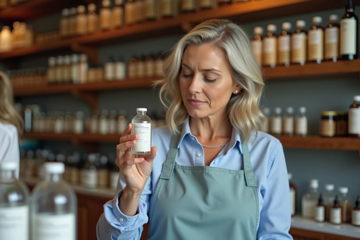 Femme lisant l'étiquette d'une bouteille d'alcool alimentaire à 90° dans une pharmacie ou épicerie spécialisée