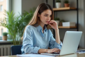 Femme au bureau installant un logiciel de comptabilite