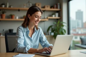 Femme d'âge moyen au bureau utilisant un ordinateur portable