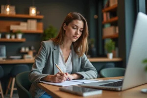 Femme concentrée travaillant sur son ordinateur dans un bureau moderne