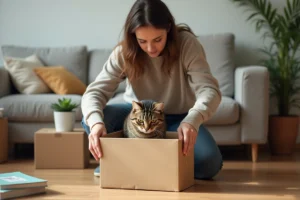 Jeune femme caressant son chat dans un intérieur chaleureux