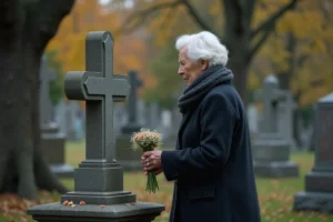 Femme âgée dans un cimetière place une gerbe