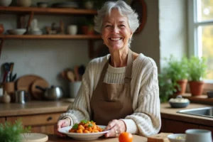 Femme souriante préparant un plat coloré dans la cuisine