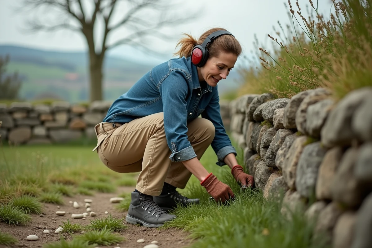 Femme utilisant une débroussailleuse électrique pour entretenir les abords d'un muret en pierre dans un jardin rural