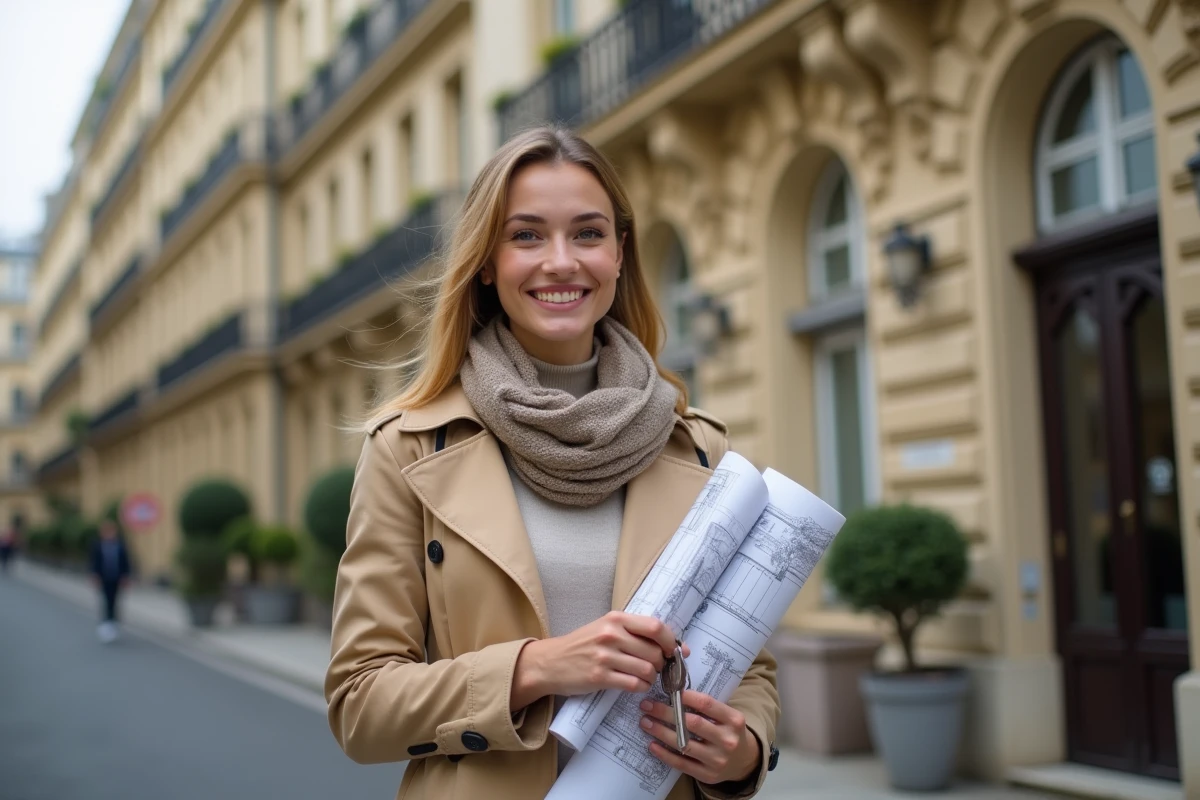 Jeune femme souriante avec plans devant immeuble parisien