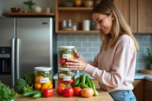 Femme arrangeant légumes dans des contenants dans la cuisine