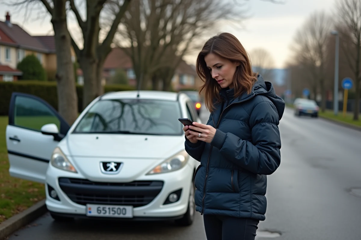 Femme arrêtée sur le bord de la route après l'allumage du voyant triangle orange de sa Peugeot 207