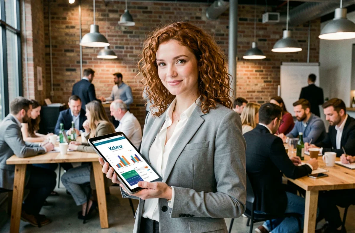 Femme professionnelle consultant l'application Kabrax sur une tablette dans un espace de coworking animé
