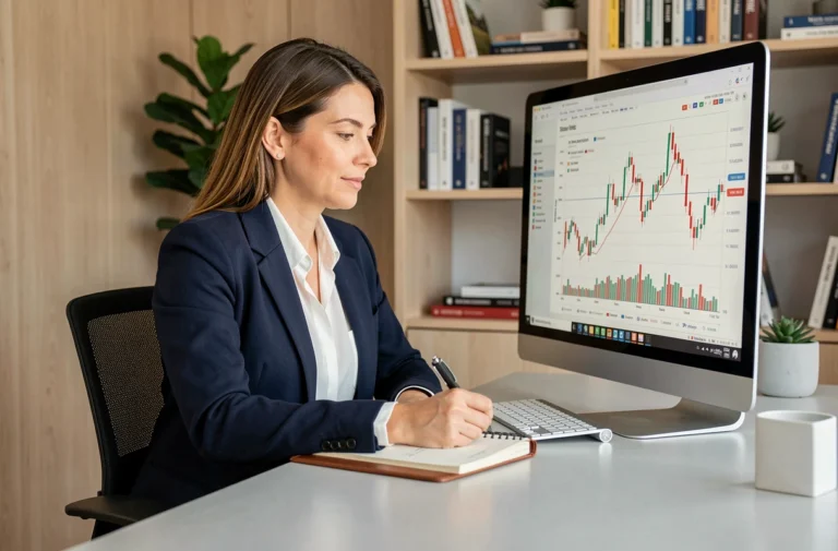 Femme professionnelle analysant des ressources financières en ligne sur un écran d'ordinateur dans un bureau moderne