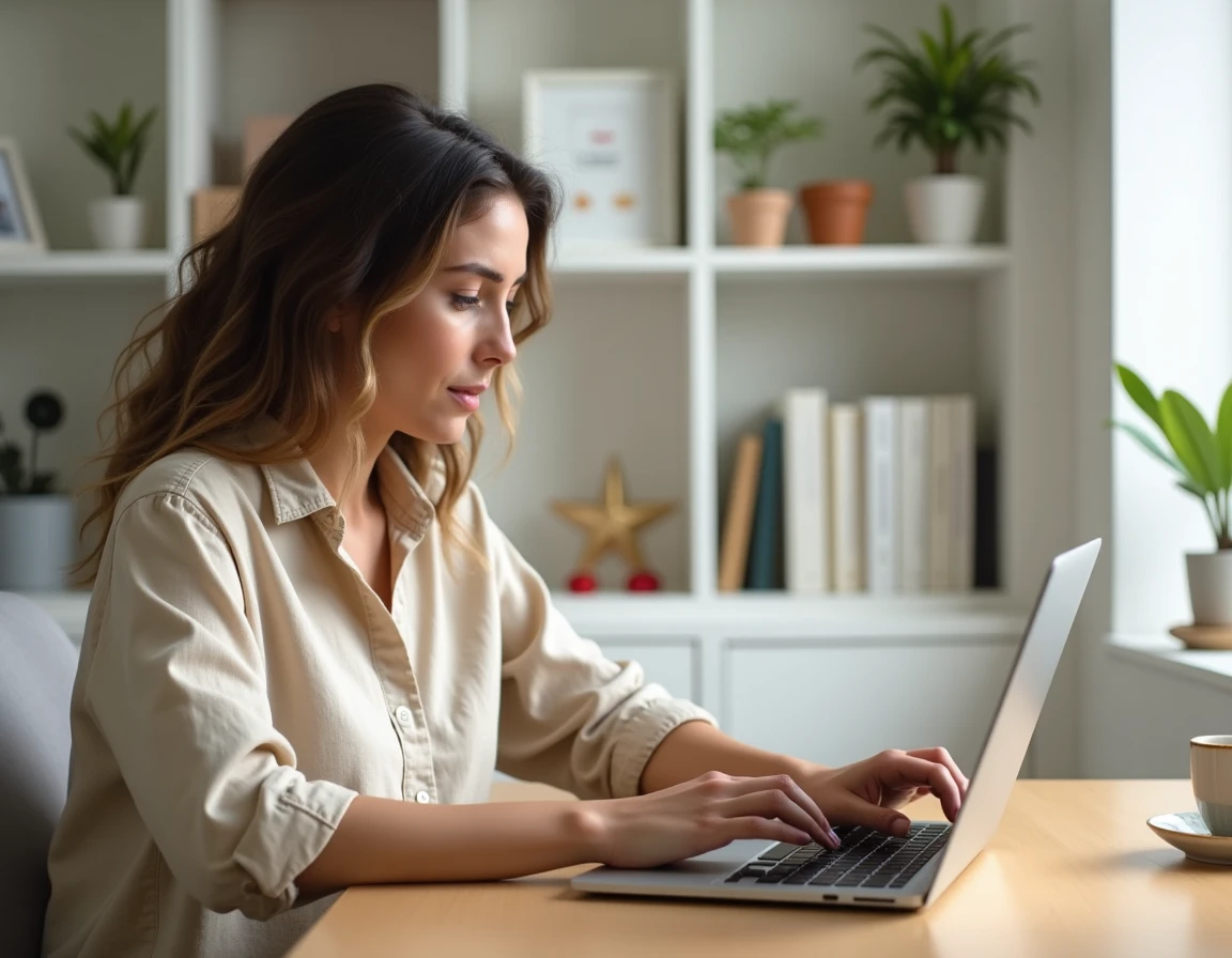 Femme recherchant des annonces immobilières en ligne sur un ordinateur portable dans un bureau à domicile
