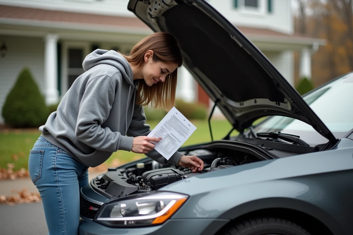 Jeune femme consultant un schéma moteur pour localiser le cylindre 1 sur une voiture garée dans une allée résidentielle