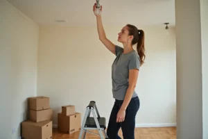 Femme retirant une ampoule au plafond dans un appartement vide lors d'un déménagement