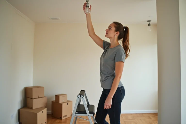 Femme retirant une ampoule au plafond dans un appartement vide lors d'un déménagement