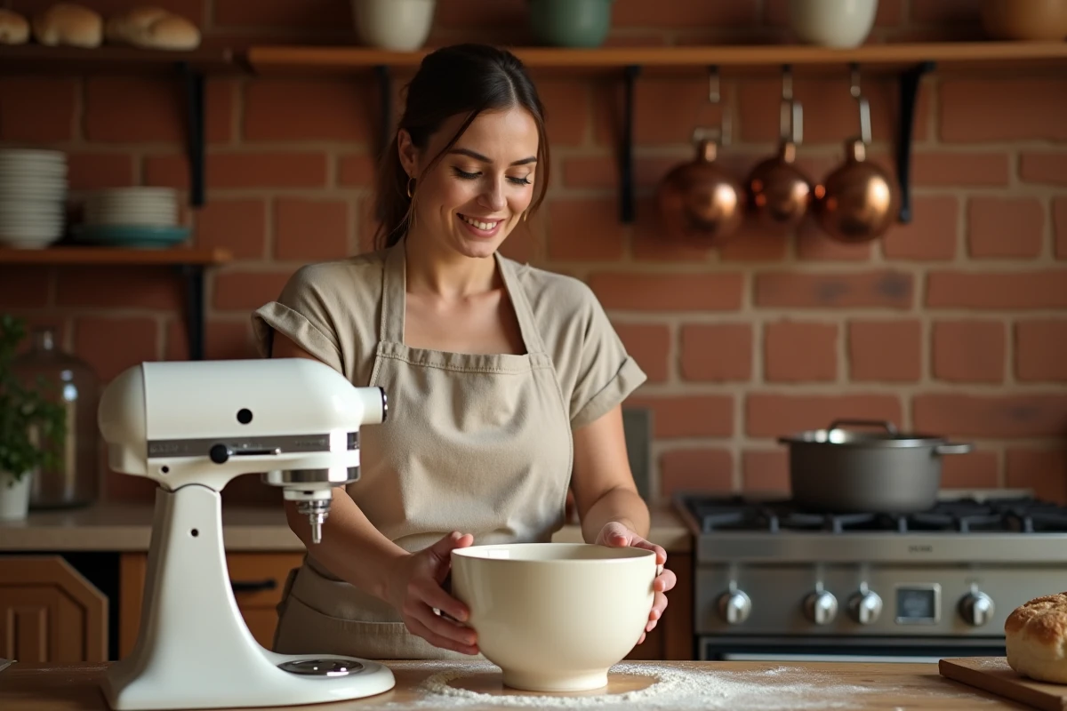 Femme utilisant un robot pâtissier pour pétrir de la pâte à pain dans une cuisine rustique et chaleureuse