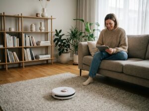 Femme souriante utilisant une tablette pour contrôler un robot aspirateur dans un salon moderne