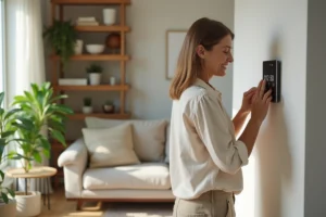 Femme souriante ajustant un thermostat dans un salon lumineux
